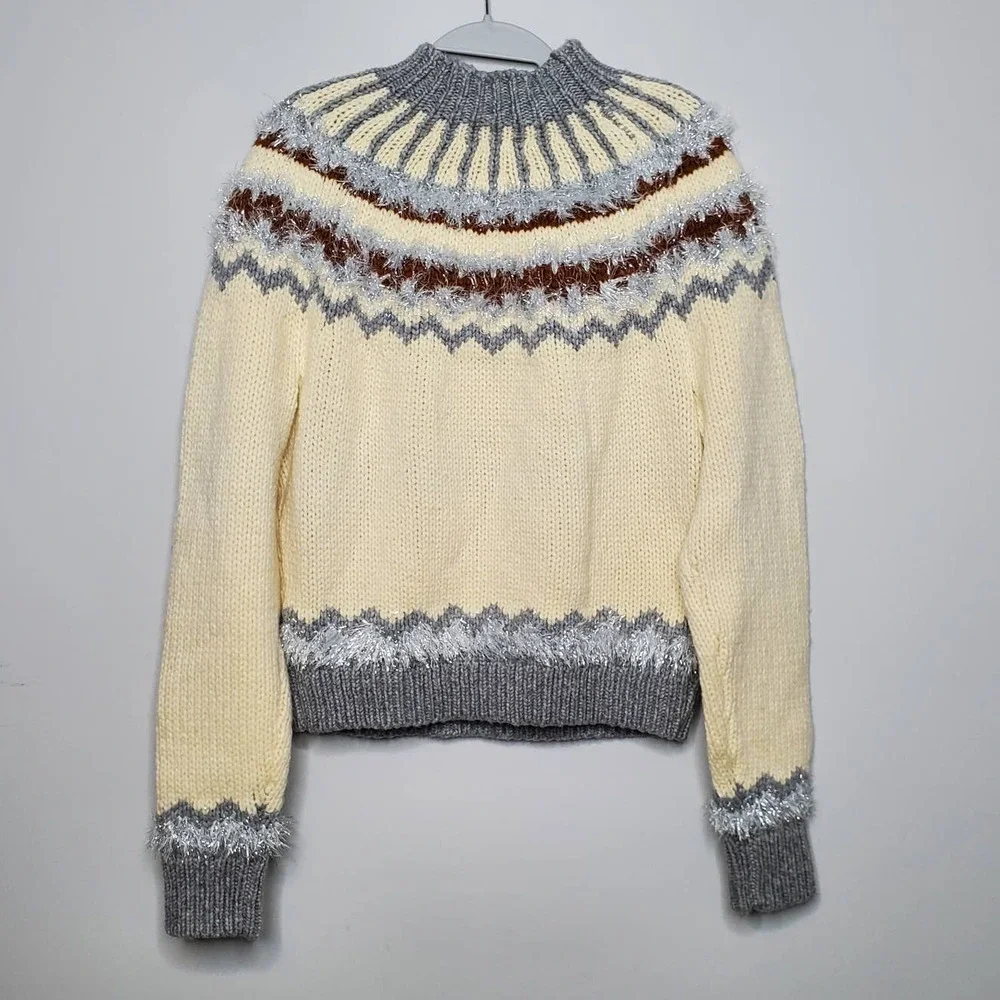 LOU & GREY • Irish Cream Festive Metallic Accent Fair Isle Mockneck Sweater Sz M - Picture 8 of 9